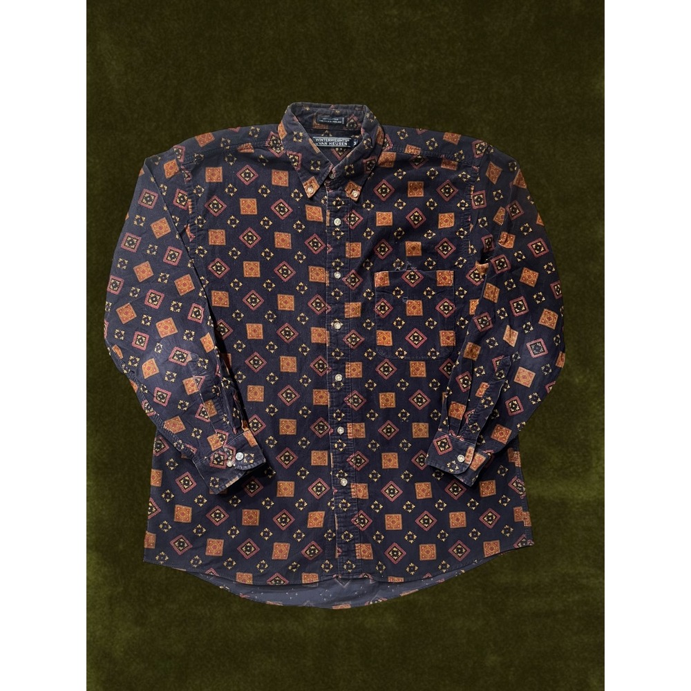 Van Heusen Winterweights Corduroy Shirt Mens Medium Navy Geometric Print
